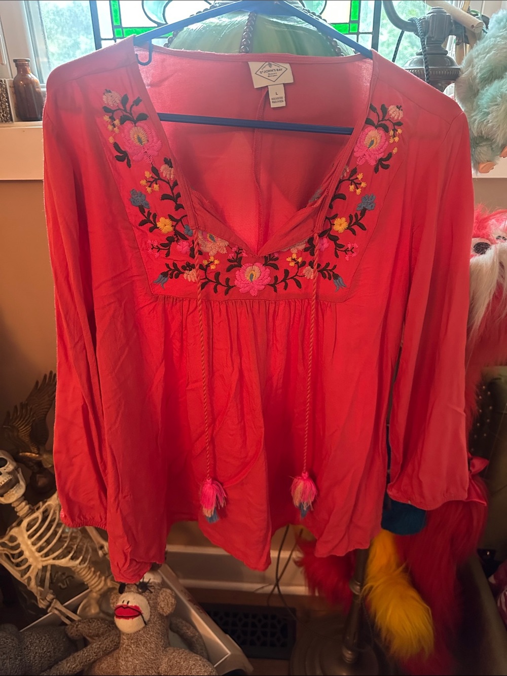 St. John's Bay Coral Red Embroidered Peasant Tunic